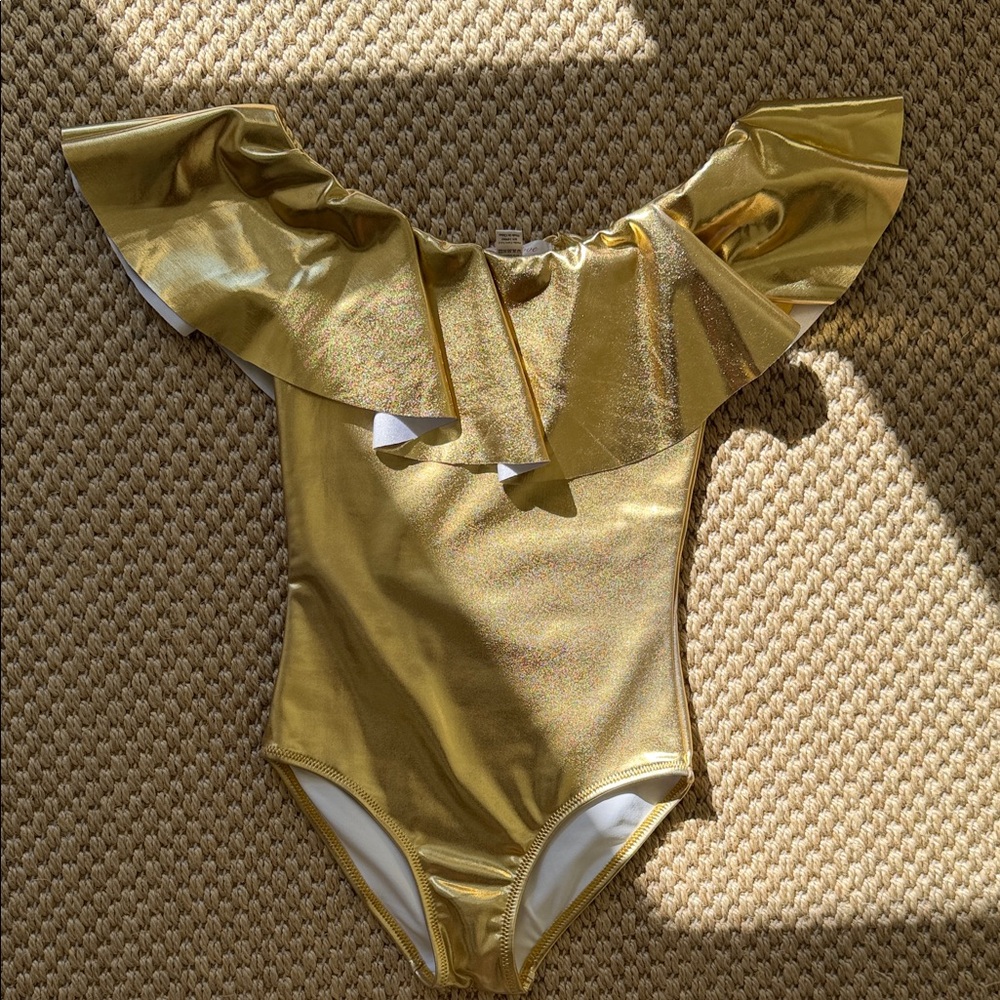 Stella Cove Gold Metallic Off-Shoulder Ruffle One-Piece Swimsuit size 6 years